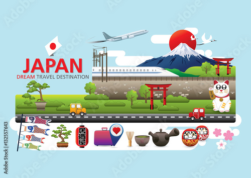 Japan Icons Design Travel Destination Concept, Travel design templates collection, Info graphic elements for traveling to Japan, Vector
