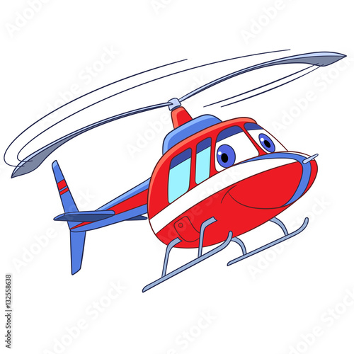 Cartoon flying transport. Helicopter, isolated on white background. Childish vector illustration and colorful book page for kids.