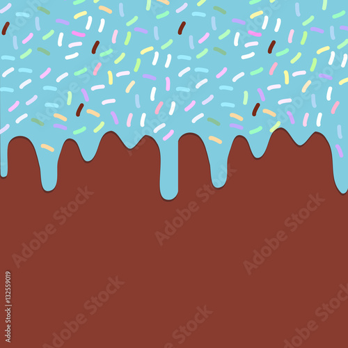 Dripping Melted blue Glaze with sprinkles. Brown chocolate background for your text. Vector