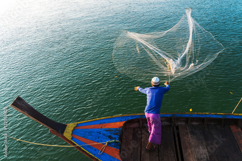 Canvastavla Muslim Fisherman Fishing Nets,Andaman Sea off the coast, Ranong Southern Thailan