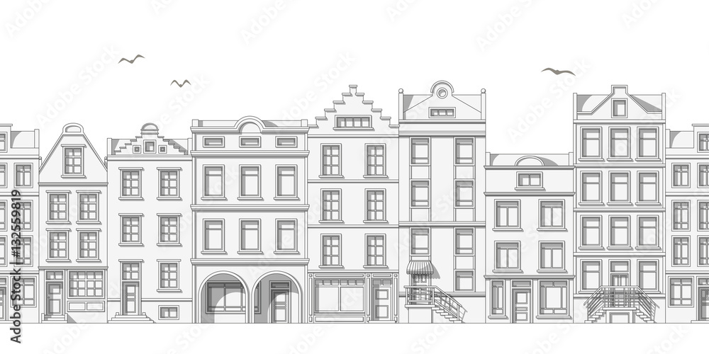 Seamless cityscape cartoon background, thin line