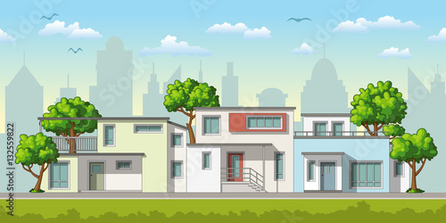 Illustration of modern family houses with trees