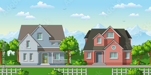Illustration of two classic family houses with trees