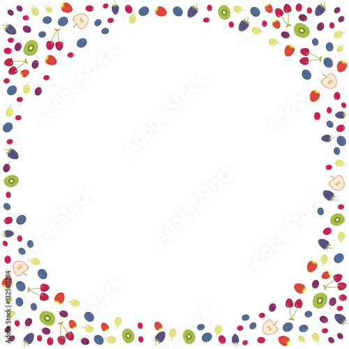 Cherry Strawberry Raspberry Blackberry Blueberry Cranberry Cowberry Grape isolated on white background. Round frame for your text. card design. Vector