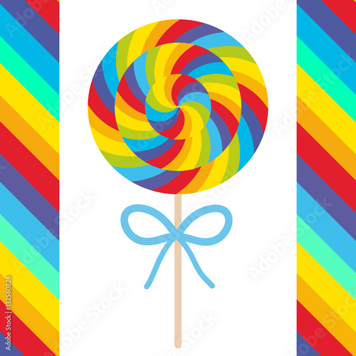 candy lollipops with bow, colorful spiral candy cane. Candy on stick with twisted design on white background with bright rainbow stripes. Vector