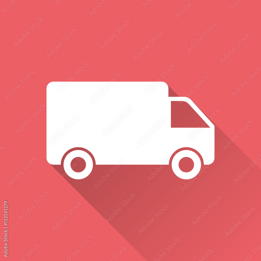 Truck, car vector illustration. Fast delivery service shipping icon. Simple flat pictogram for business, marketing or mobile app internet concept on red background with long shadow. Truck, car vector illustration. Fast delivery service shipping icon. Simple flat pictogram for business, marketing or mobile app internet concept on red background with long shadow.