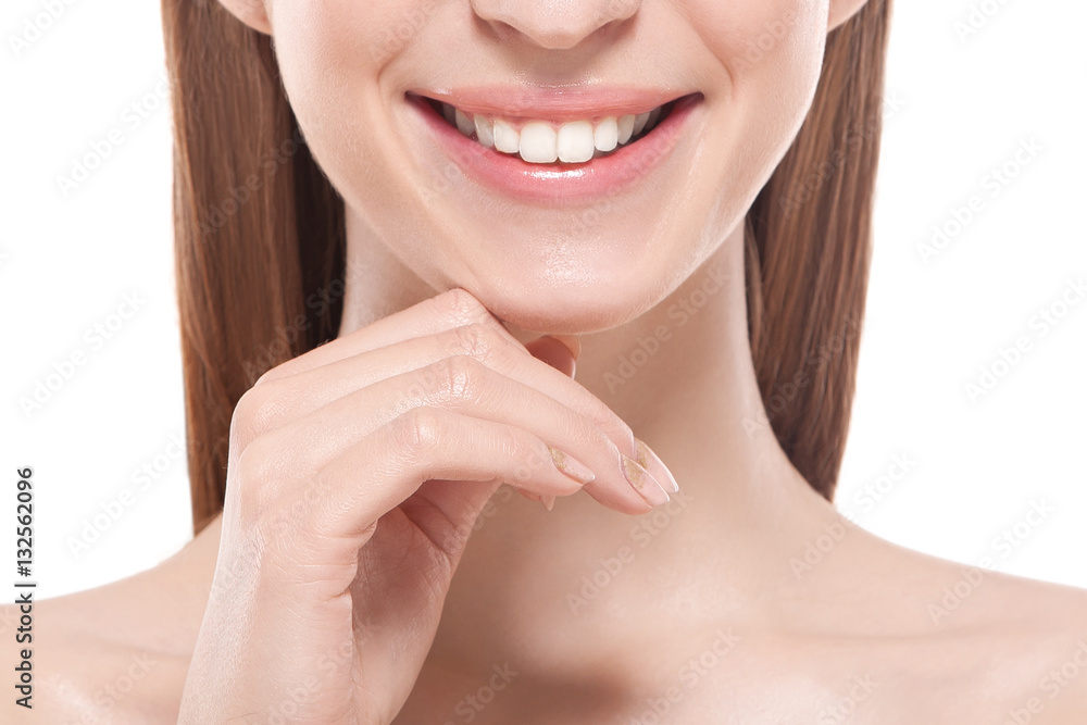 teeth smile crop female face on white background teeth smile crop female face on white background