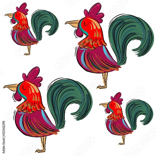 Drawn roosters on white