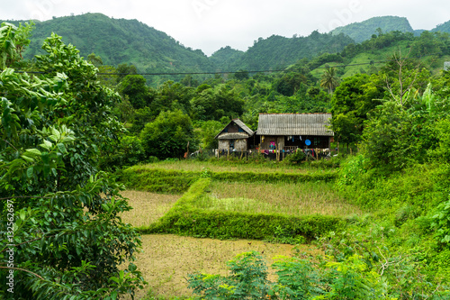 Asian Farm House. Farm house in a remote Vietnamese village. Rice paddies in the foreground, mountains in the background.