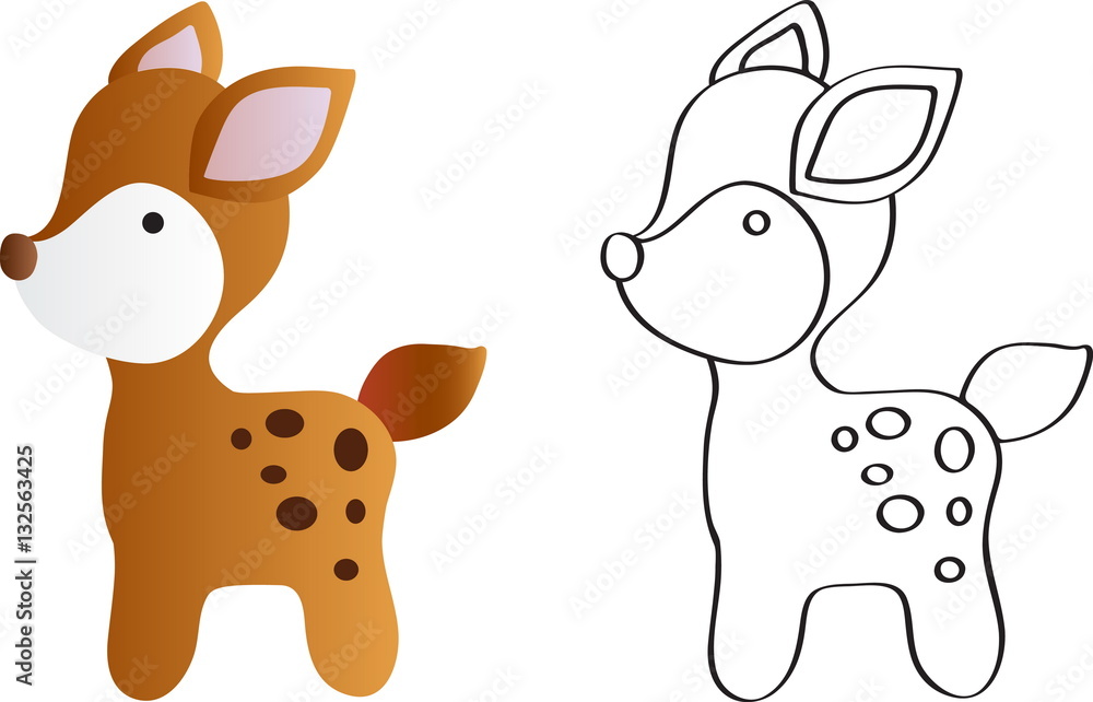 drawing of a cartoon cute toy baby deer - in color and line art drawing of a cartoon cute toy baby deer - in color and line art