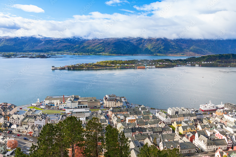 Alesund in Norway with mountains and fjord views