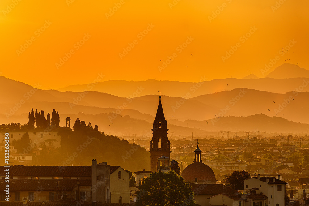 Sunset over the mountains at Florence in Italy