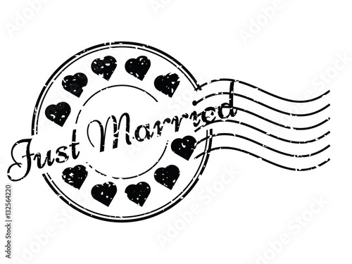 Grunge black just married and heart icon round rubber stamp with