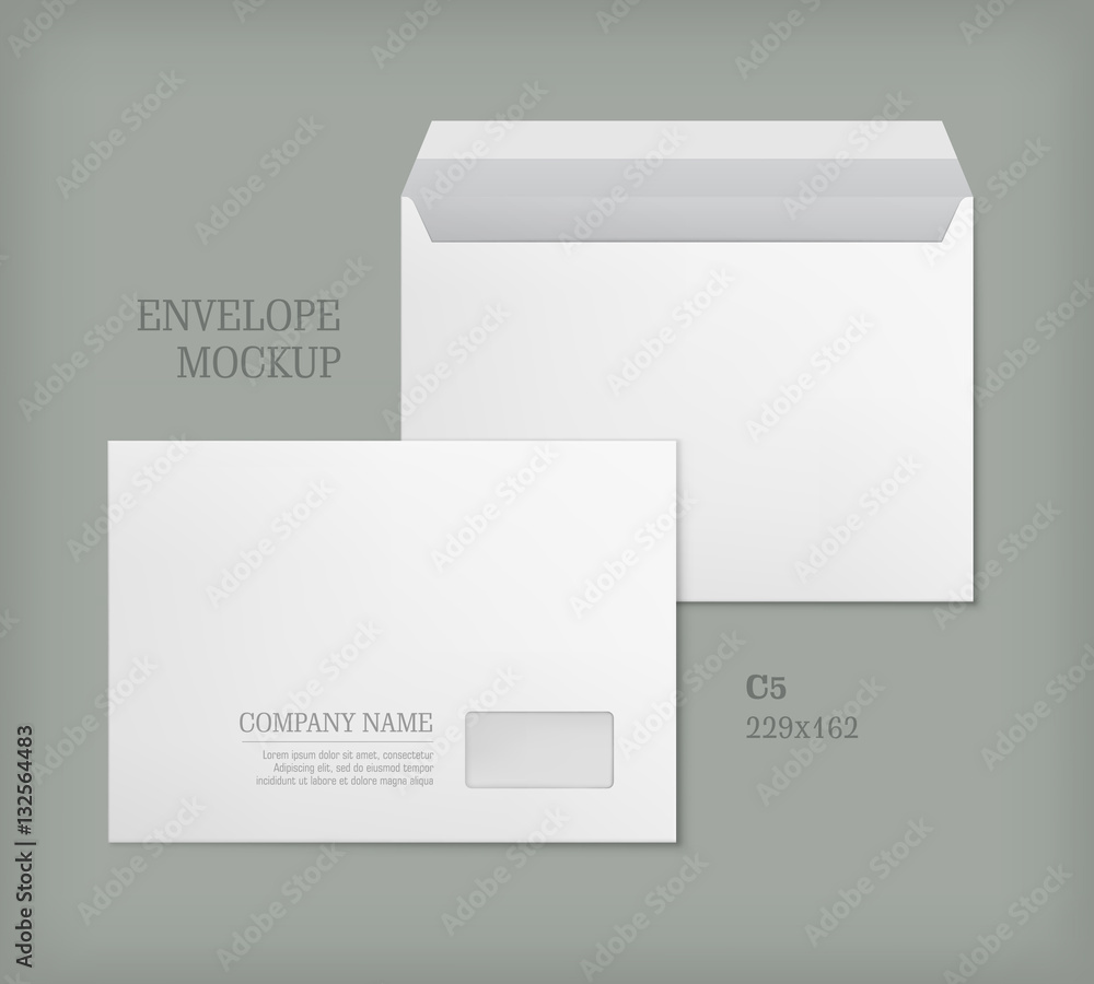 Open and closed white empty envelopes for letters and documents. Paper blank template with transparent window. Mockup post envelope C5 size. Vector illustration isolated on gray background.