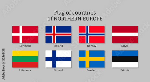 Set of flat flags of Northern Europe countries. States national ensigns: Estonia and Norway, Latvia and Lithuania, Iceland and Finland, Sweden and Denmark. Vector icons isolated on white.