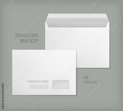 Open and closed white empty envelopes for letters and documents. Paper blank template with transparent window. Mockup post envelope C5 size. Vector illustration isolated on gray background.