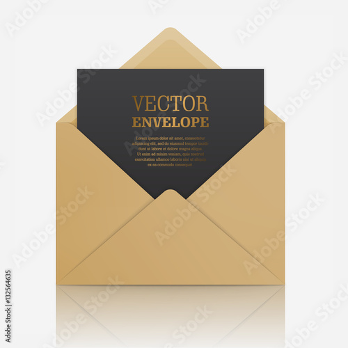 Blank template of brown paper envelope with empty black sheet. Vector mockup open envelope for letter. Symbol of message, mail, email or business document. Realistic icon isolated on white background.