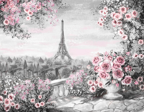 Fototapeta Naklejka Na Ścianę i Meble -  Oil Painting, summer in Paris. gentle city landscape. flower rose and leaf. View from above balcony. Eiffel tower, France, wallpaper. watercolor modern art. Gray and pink