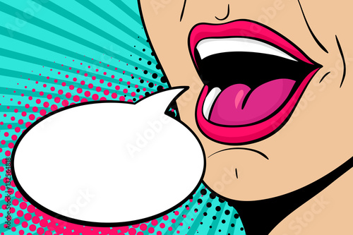 Sexy open female mouth screaming announcement and empty speech bubble. Vector bright background in comic retro pop art style.