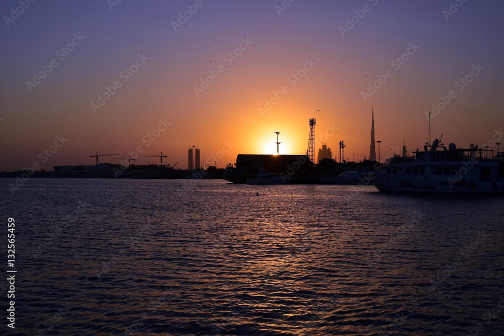 Dubai Ferry route at evening view, Dubai Canal, United Arab Emirates