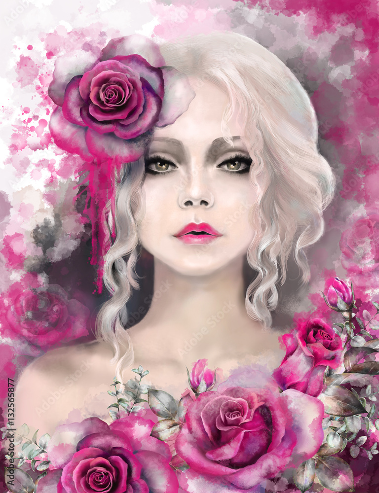 beautiful woman with blonde curly hair, watercolor painting, splash paint. Digital illustration. pink rose. passionate, impassioned,  fantasy .portrait