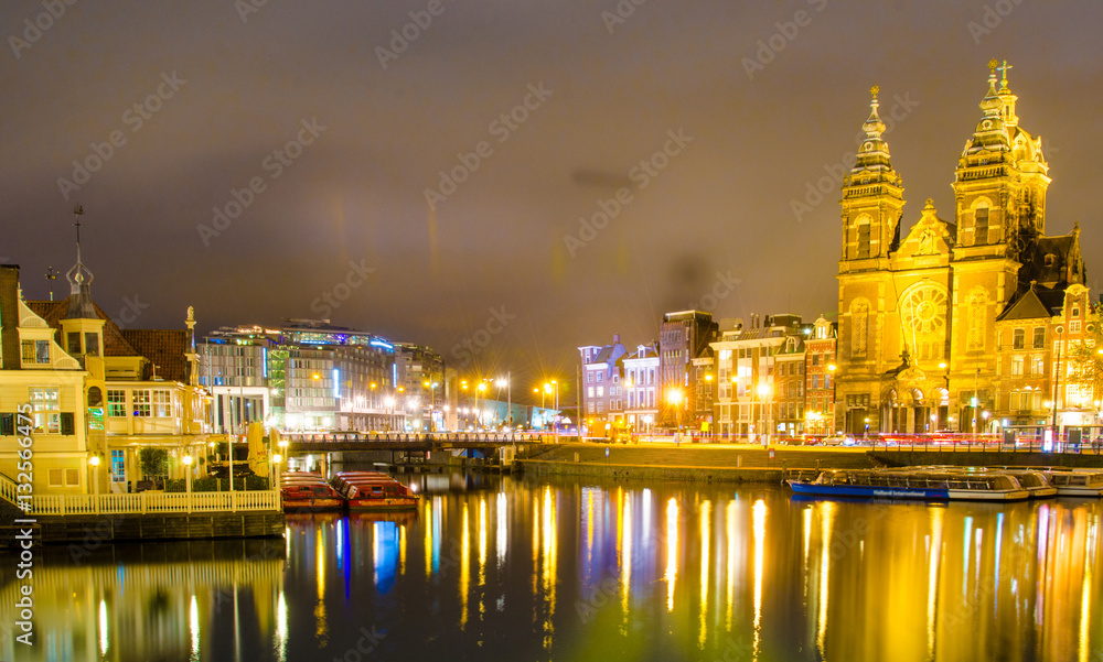 Obraz premium Magic night landscape in Amsterdam, Netherlands, Europe with boa