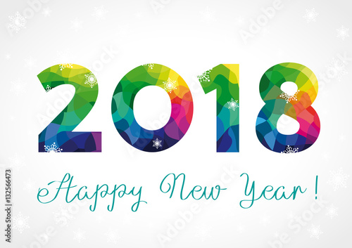 2018 new year facet color card. Happy holidays card with vector color facet figures 2018 and greeting text