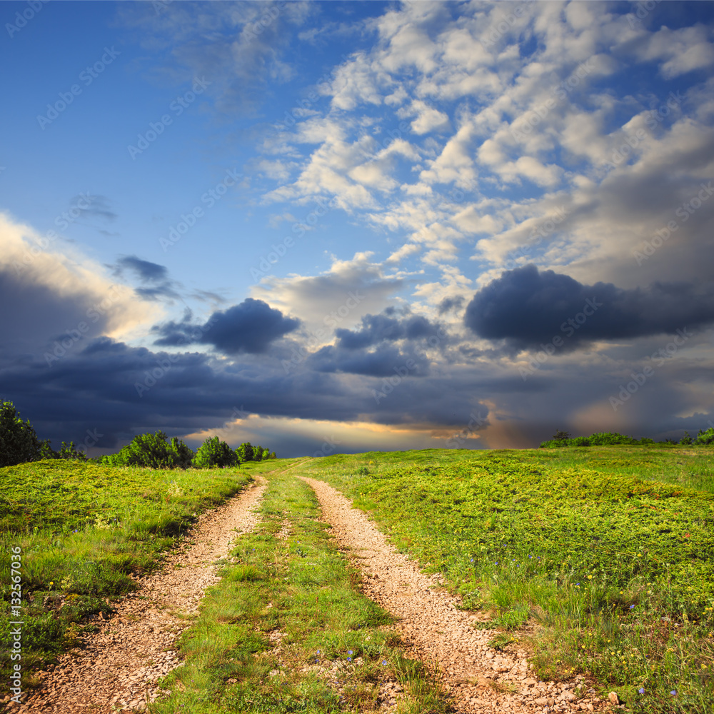 Mountain path leads through plain with green grass under blue cl