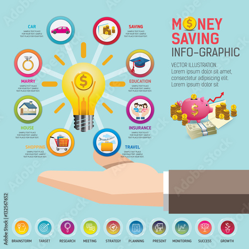 Money saving planning info-graphics conceptual. Golden coins putting into a pink piggy bank. template for workflow layout, banner, diagram, number options, web design, timeline.