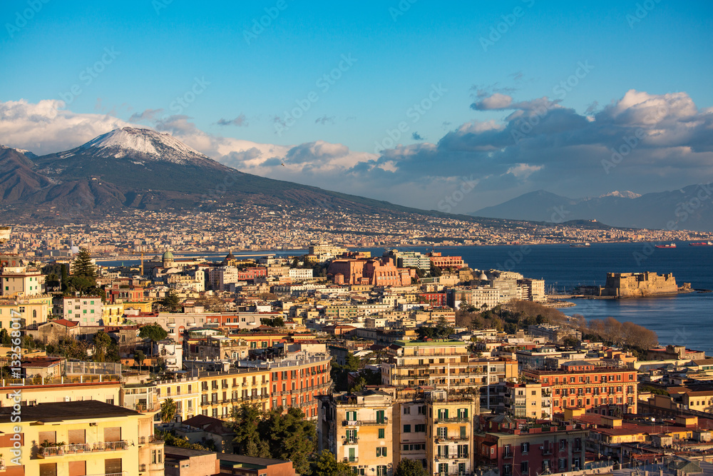 Aerial view of Naples with Vesuvius mount with snow on the backg