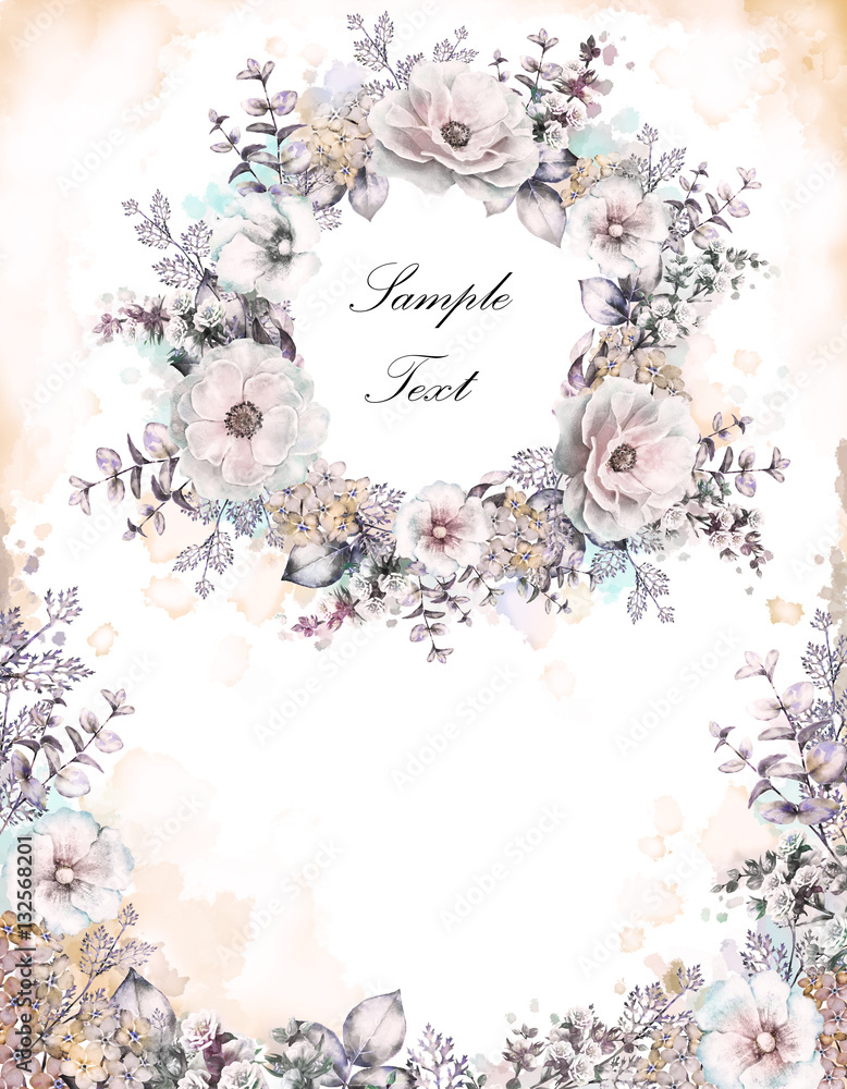 Card, Watercolor wedding invitation design with roses, bud and leaves. Hand painted floral background with floral elements for your text, splash paint, watercolor background. Template. Frame Card, Watercolor wedding invitation design with roses, bud and leaves. Hand painted floral background with floral elements for your text, splash paint, watercolor background. Template. Frame