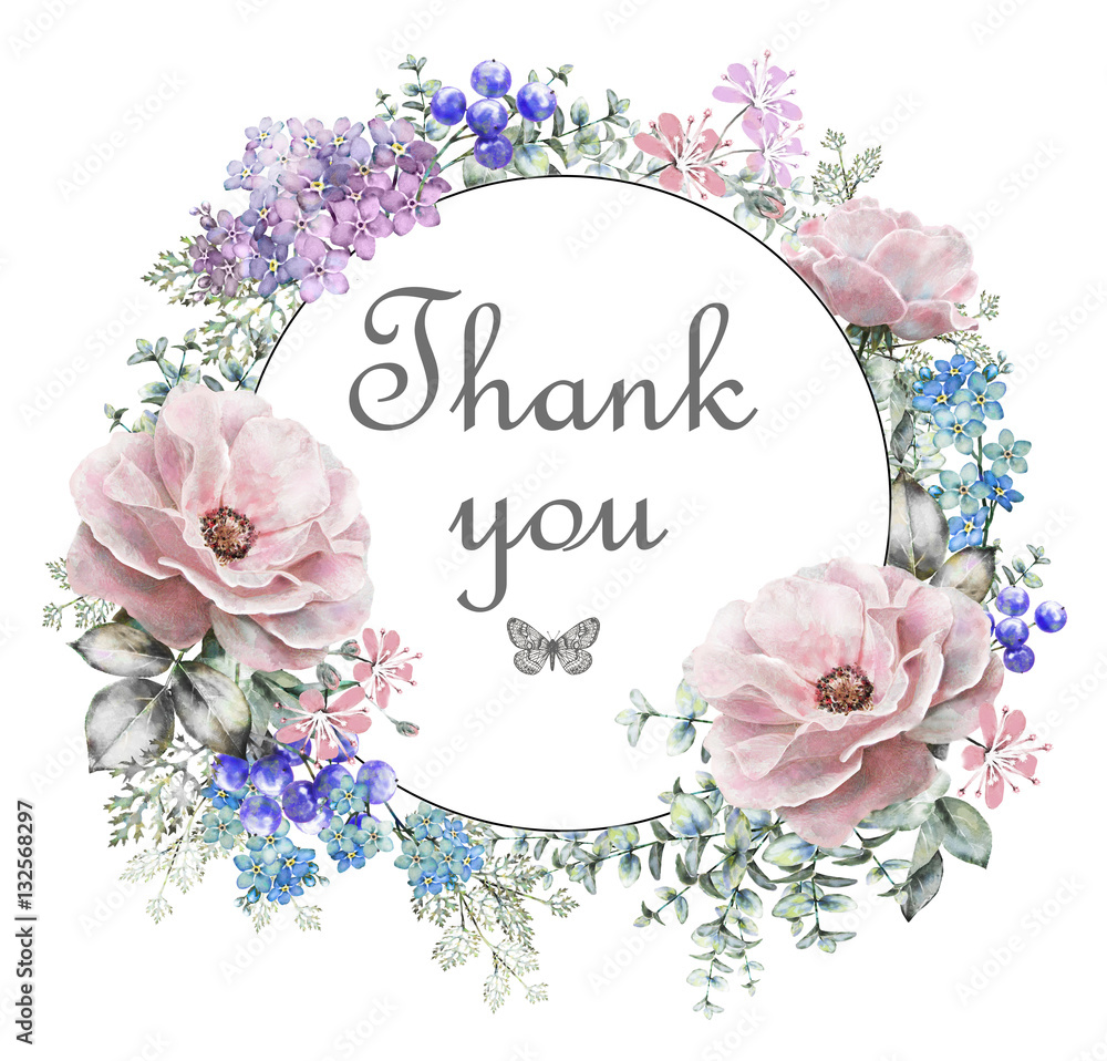 Card, Watercolor wedding invitation design with pink roses, bud, blue berry  and leaves. flower, background with floral elements for text, watercolor  background. Template. wreath, round frame Stock Illustration | Adobe Stock, image size:1000x958