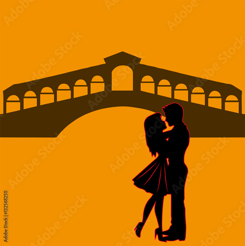 Vector illustration of lovers silhouette in venice, innamorati silhouette vettoriali a Venezia con ponte Rialto sullo sfondo