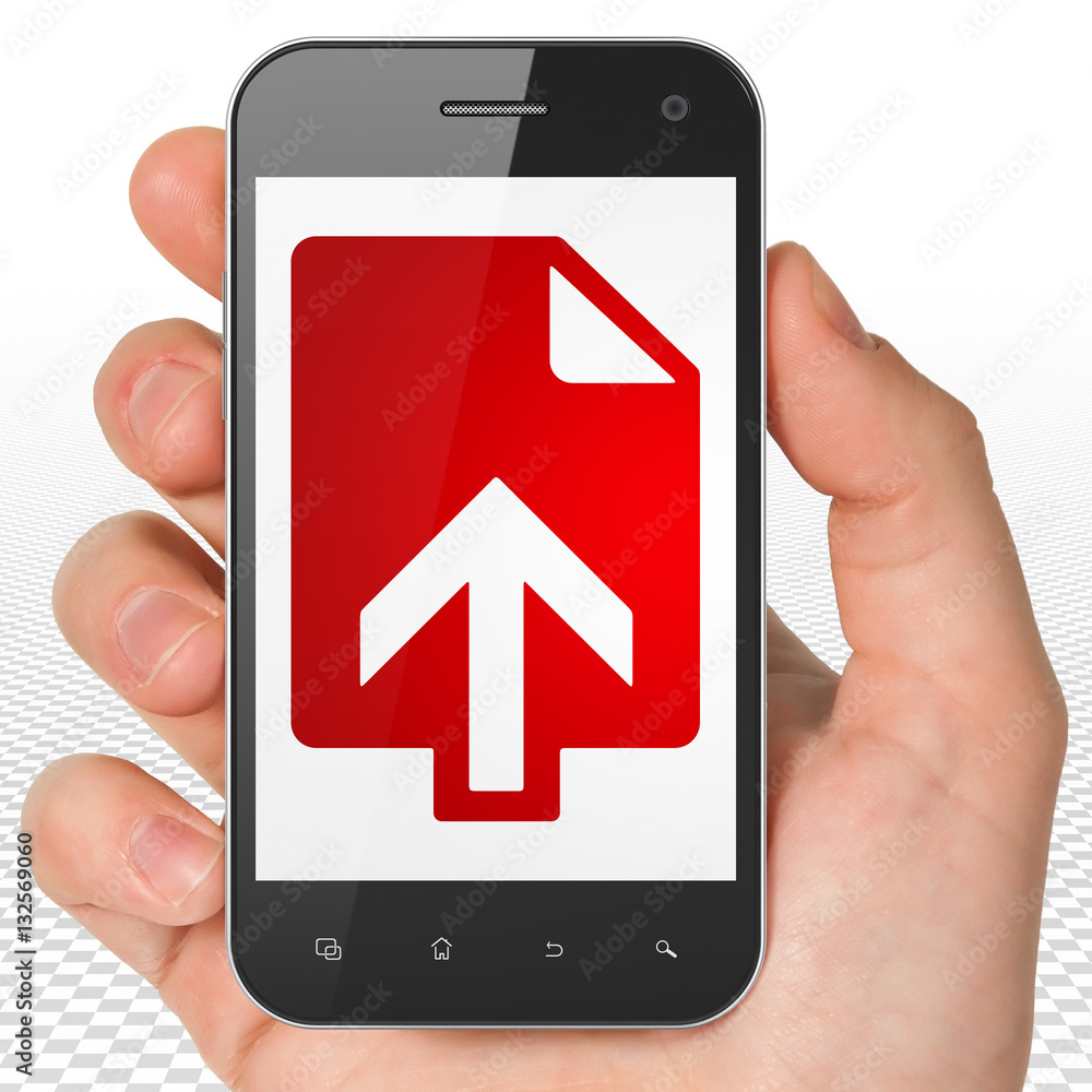 Web design concept: Hand Holding Smartphone with Upload on display