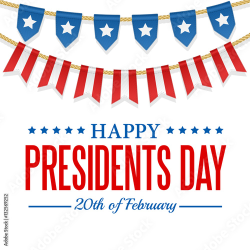 Presidents Day background. USA patriotic template with text, stripes and stars. Vector colorful bunting decoration. Garland, pennants on a rope for american party, festival, celebration, special event