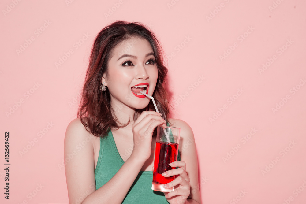 Celebrating asian girl with professional makeup and stylish hair Celebrating asian girl with professional makeup and stylish hair