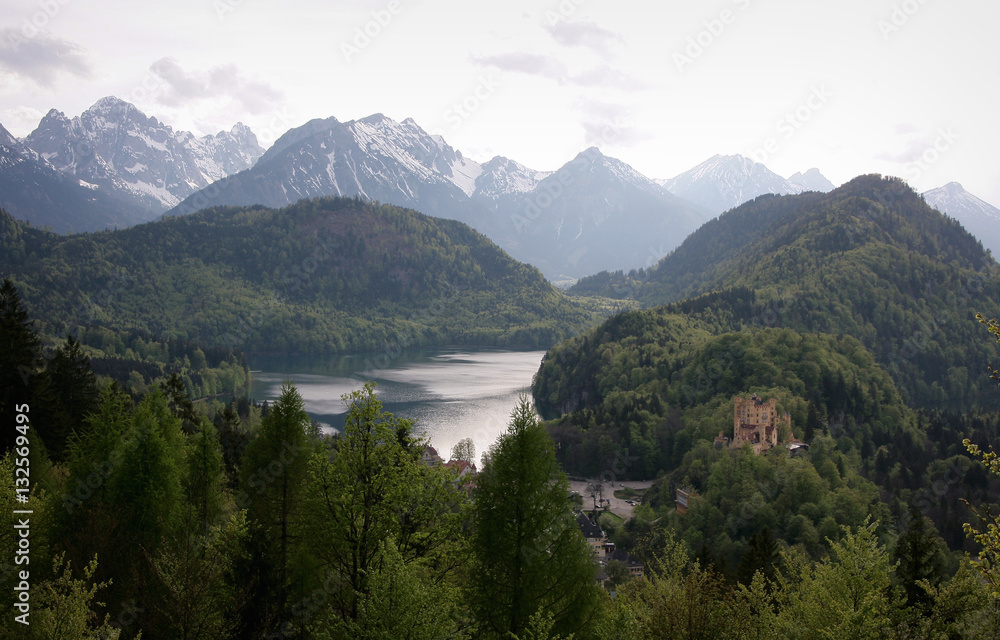Landscape with forest, lake and mountain in background, view from Neuschwanstein castle in Bavaria, Germany