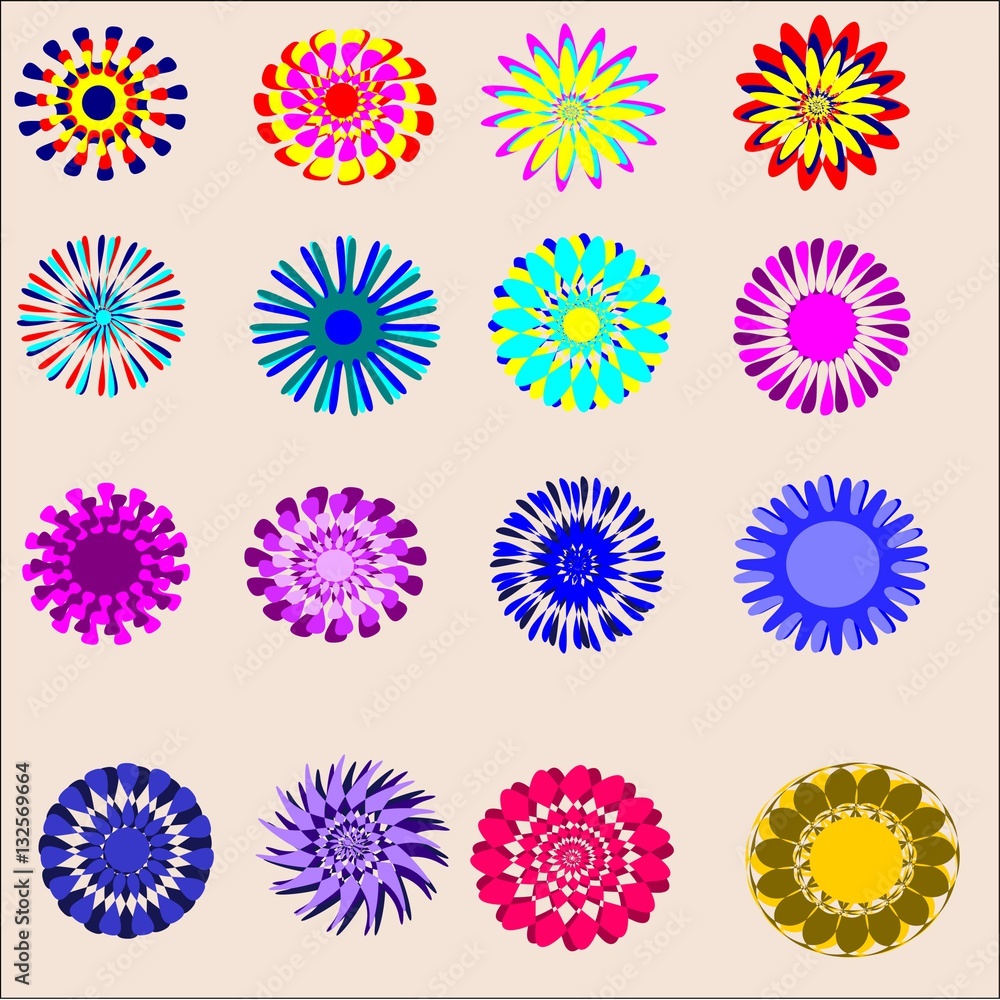 set of sixteen objects painted colors with lots of mauve petals, blue, red and yellow set of sixteen objects painted colors with lots of mauve petals, blue, red and yellow