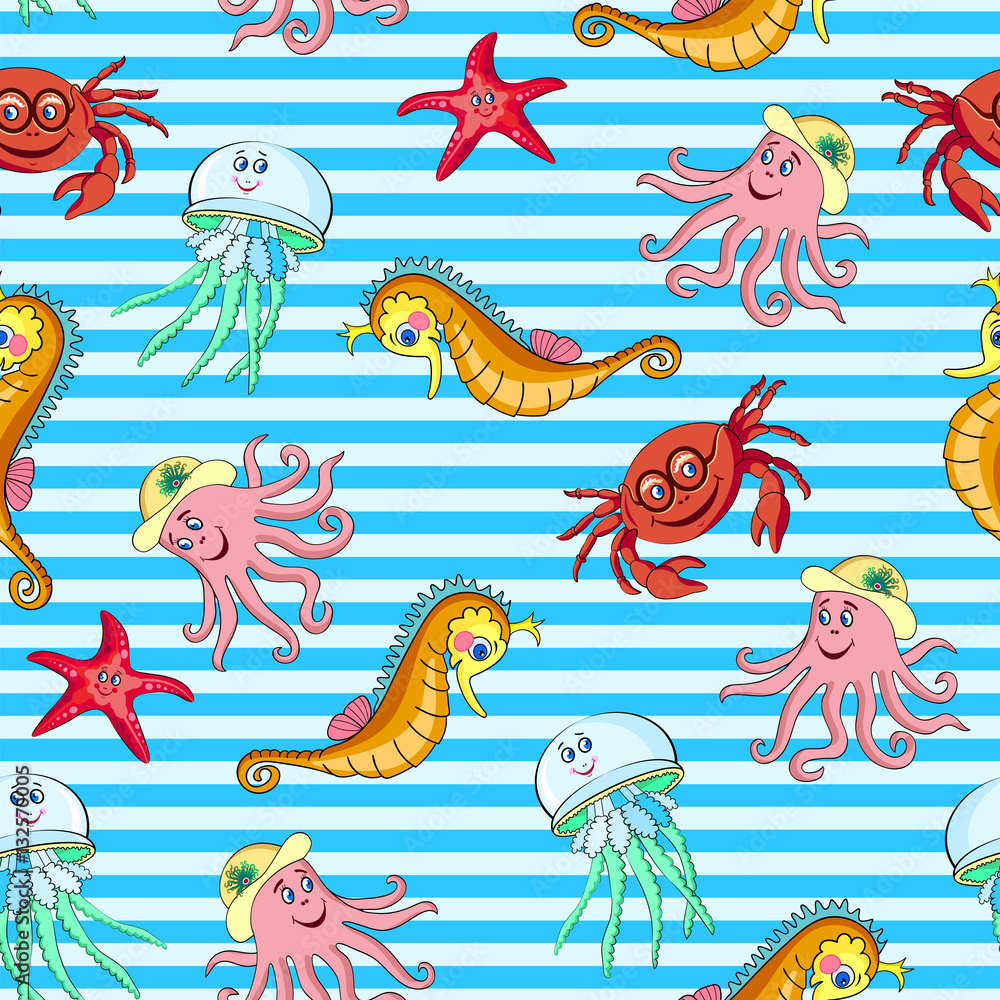 Seamless Pattern with Marine life Stripes Seamless Pattern with Marine life Stripes