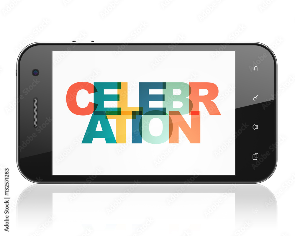Holiday concept: Smartphone with Celebration on display Holiday concept: Smartphone with Celebration on display