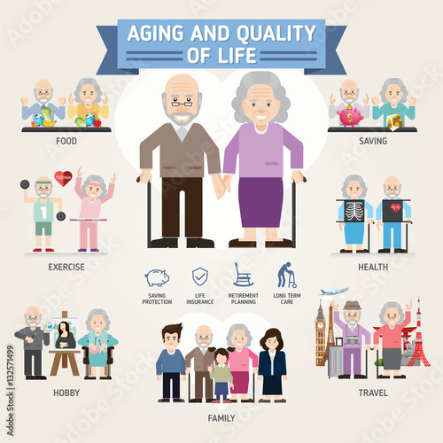 Quality of life in older ages. Senior man and woman activities. Senior citizen. Info-graphic inspire to drive your business project. Vector illustration. 