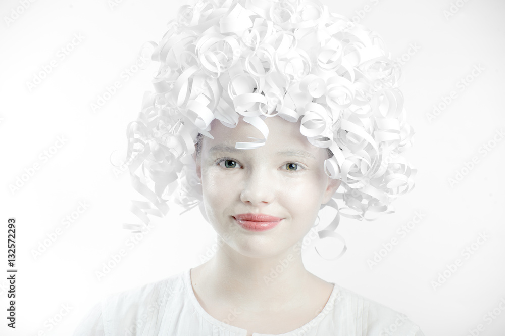 Portrait of a funny teen girl with white and plain makeup and cu