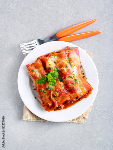 Beef cannelloni with tomato sauce photo