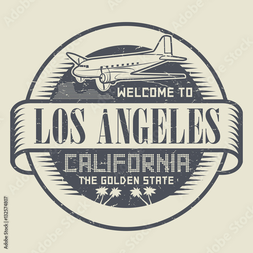 Stamp with airplane and text Welcome to California, Los Angeles