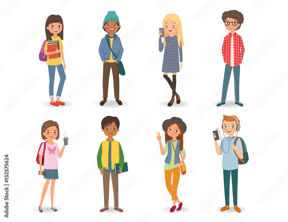 International students with books, phones and backpacks