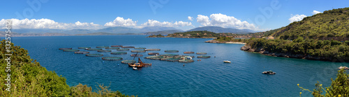 Panoramic view of fish farming near Kassiopi town. Corfu Island. Greece. Europe.