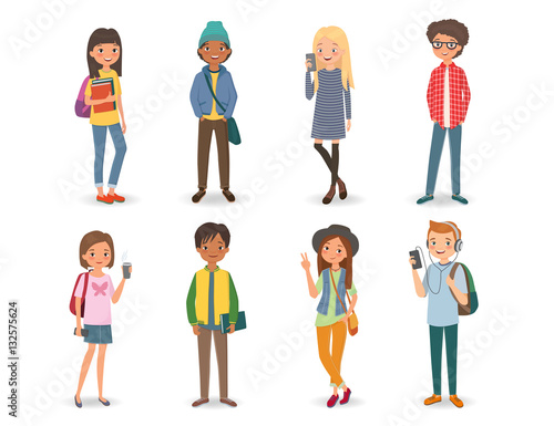 International students with books, phones and backpacks