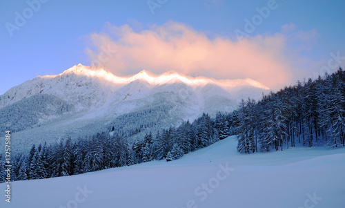 Sunrise over Snow-covered Mountains of the Marienberg-Biberview Alps (View from Obsteig in Tirol, Austria)  in Winter © Mirjam Claus