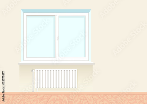 Realistic boring window with a radiator.