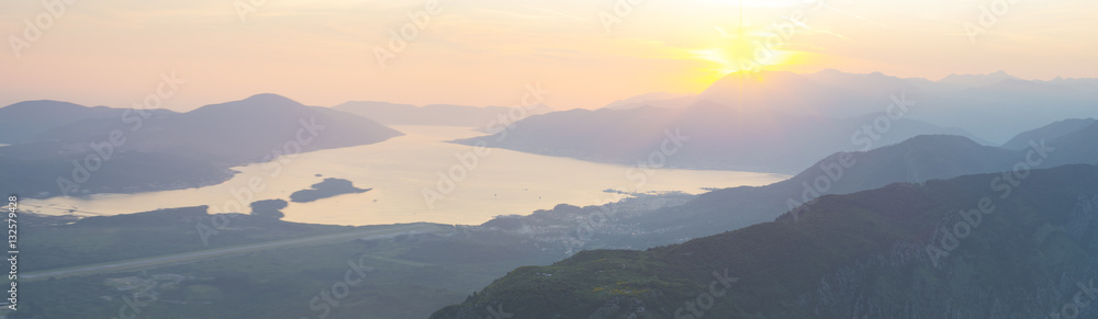 sunset over the Boka Kotor in Montenegro, the view from the moun
